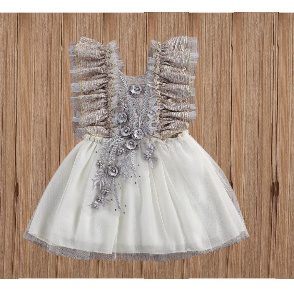 Ivory and Silver Embellished Girls' Party Dress
